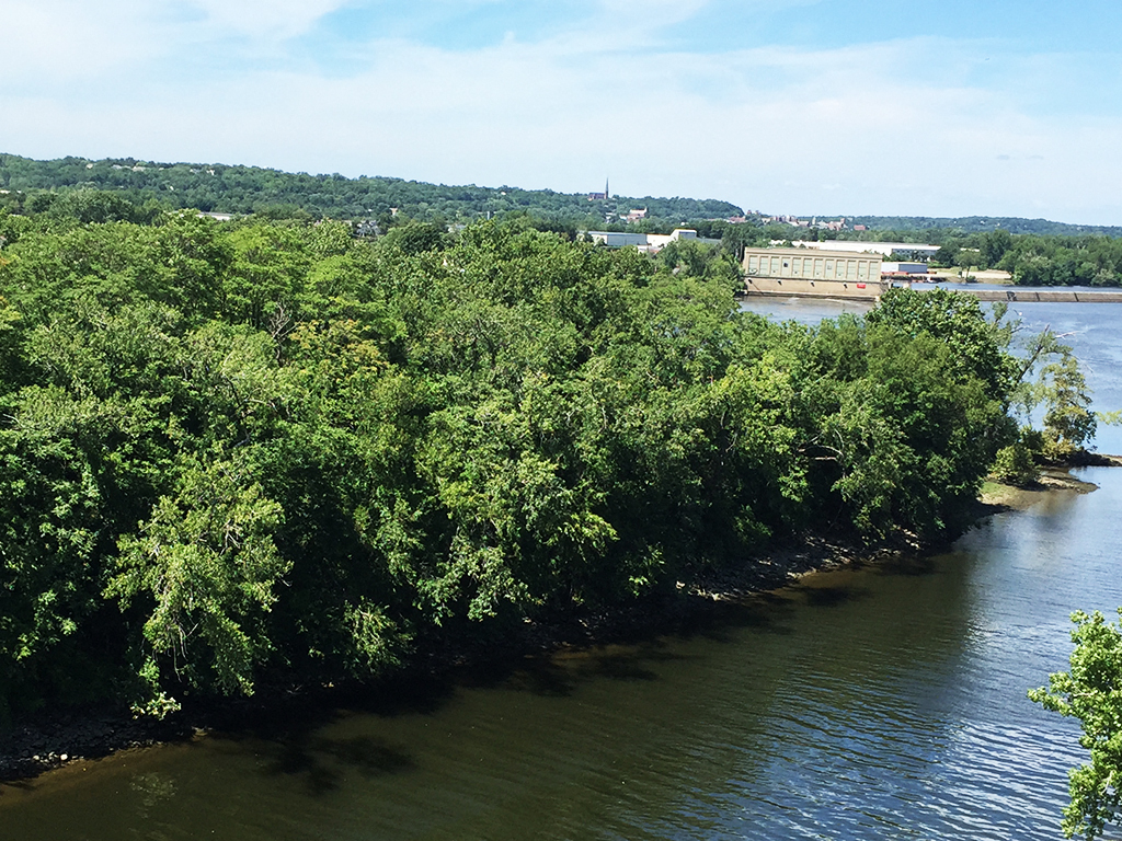 a view from above of a river and trees
