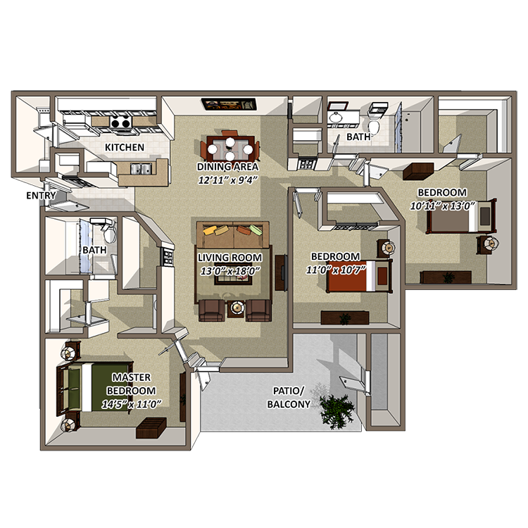 Three Bedroom Floor Plan at The Resort At Lake Crossing Apartments, PRG Real Estate, Kentucky