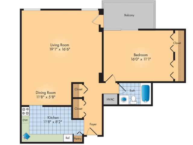 1 BR Floor Plan 2