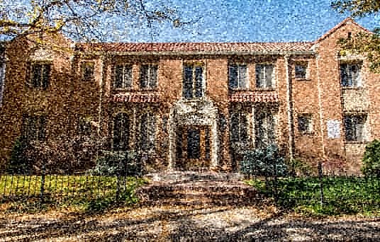 a painting of a large brick house with trees in front of it