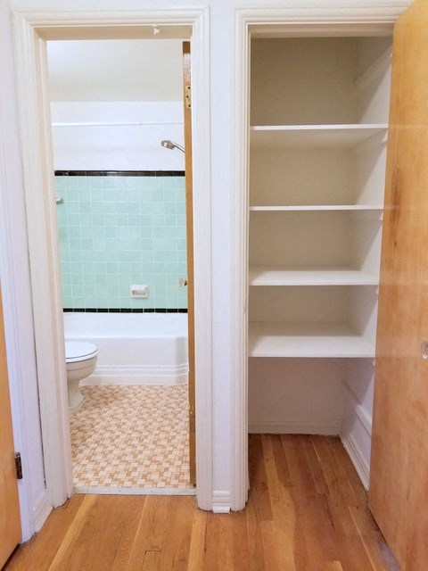 a bathroom with shelves and a toilet and a closet