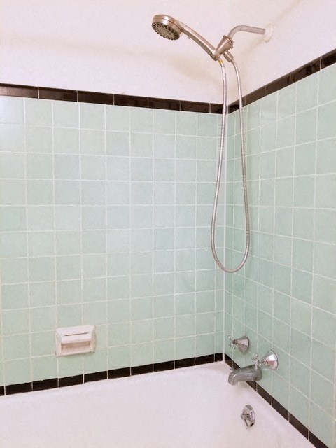 a bathroom with a shower and a white tub