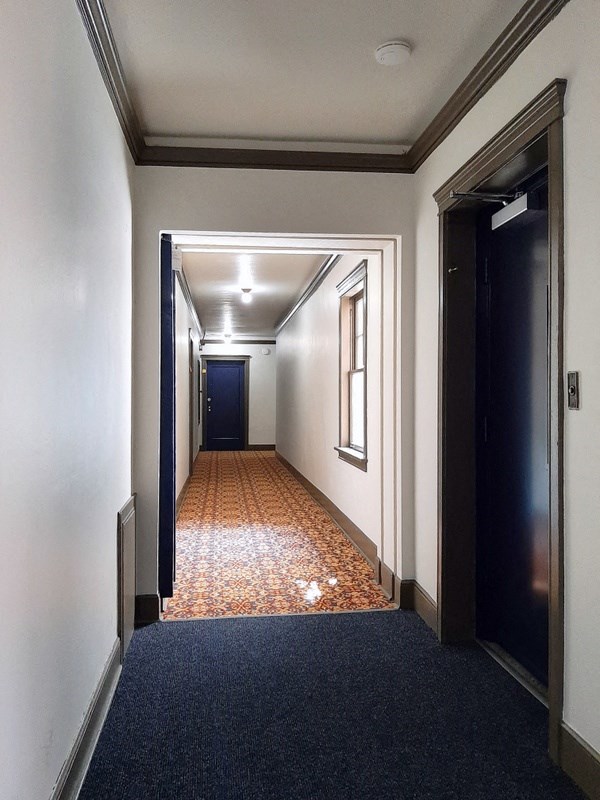 a hallway in a building with a carpeted floor and doors