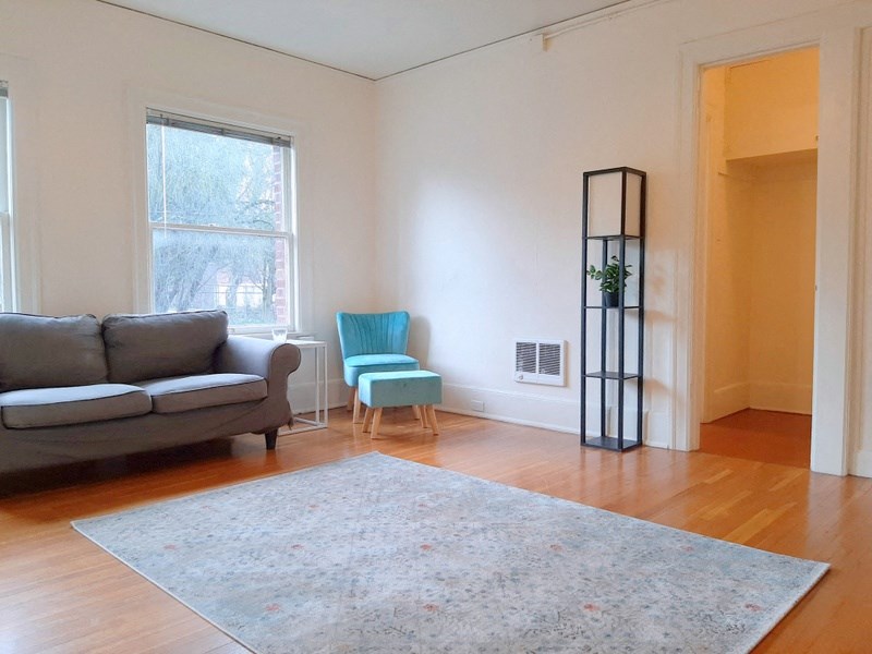 a living room with a couch and a rug