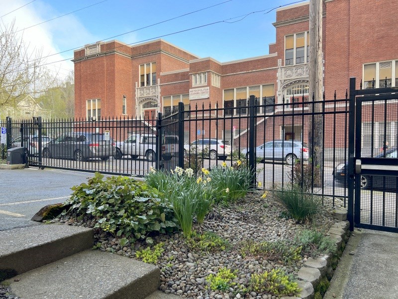 a garden in front of a fence and a building