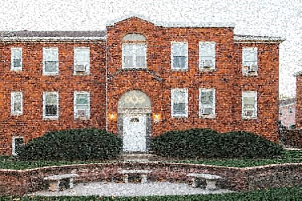 a painting of a red brick building with a white door