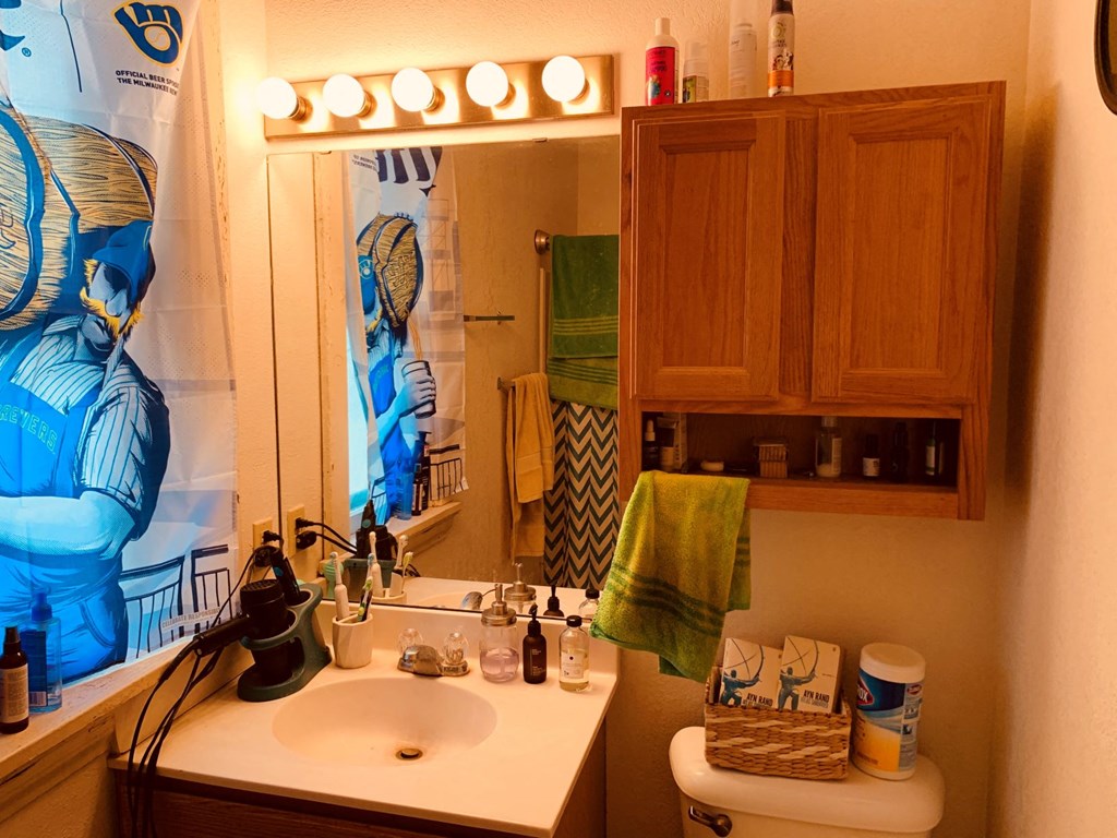 a bathroom with a sink and a mirror