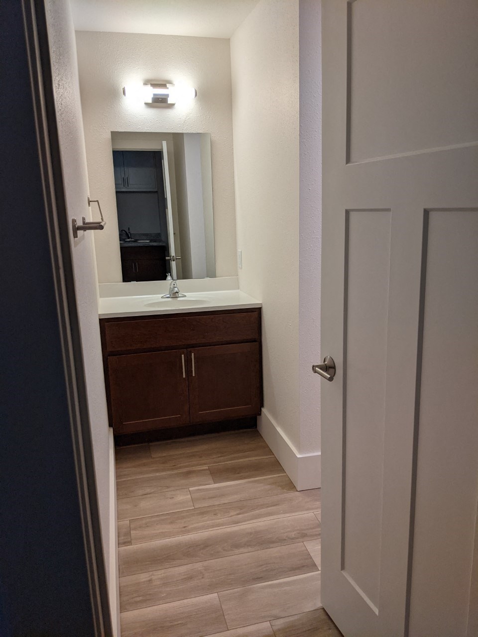 a bathroom with a sink and a mirror and a door