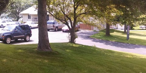 a car parked in a parking lot next to trees