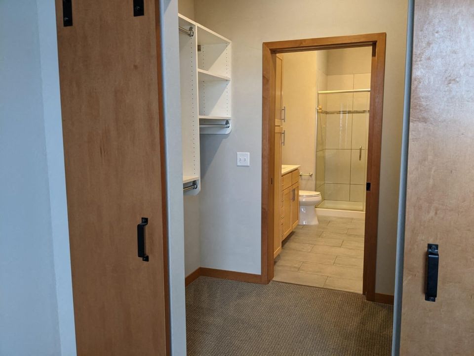a bathroom with a closet and a toilet in it