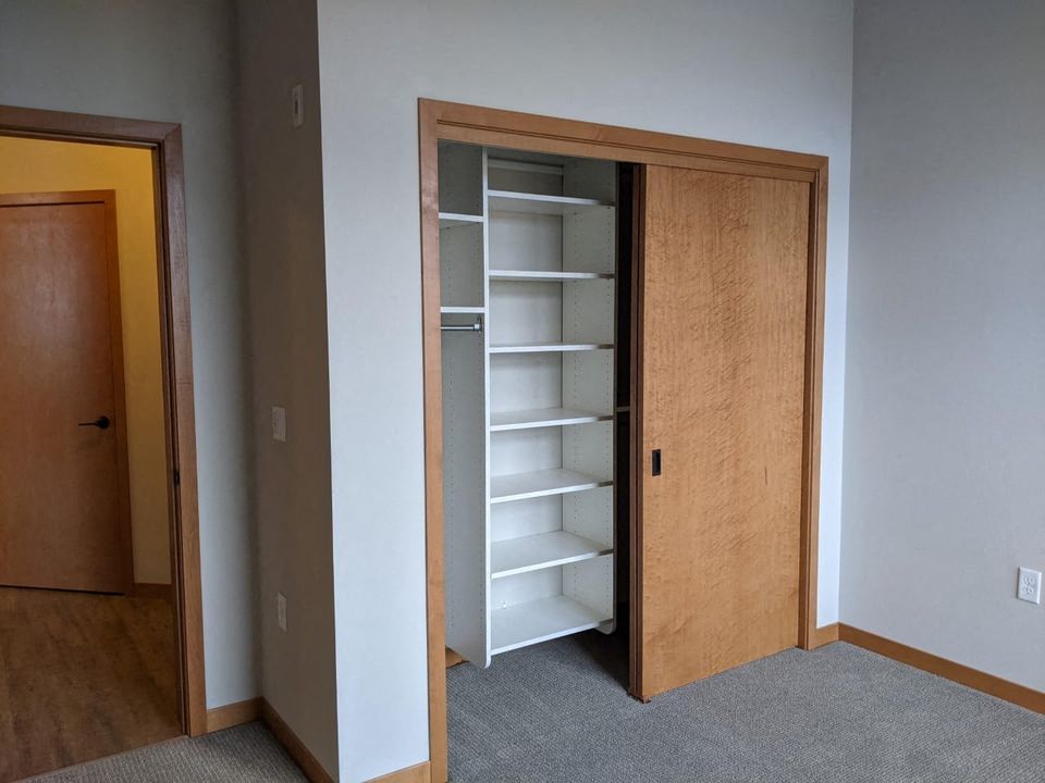 a closet with shelves and a door open