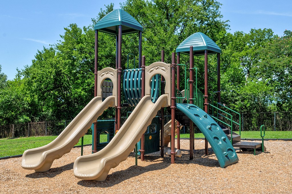 a playground with two slides and trees in the background