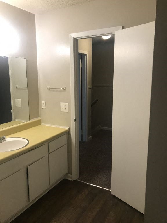 A bathroom with a sink and mirror.