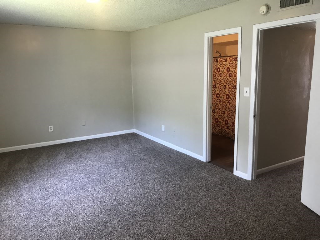 A room with a carpeted floor and a doorway leading to another room.