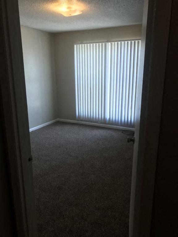 A room with a carpeted floor and a window with blinds.