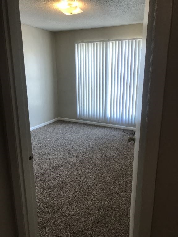 A room with a carpeted floor and a window with blinds.
