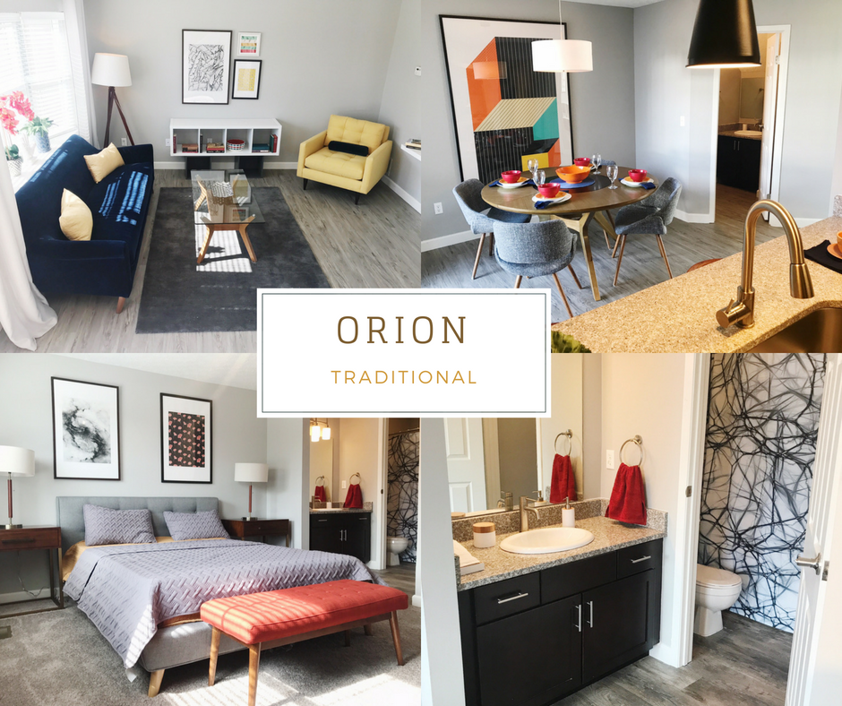 a collage of four different rooms and a logo for orion traditional