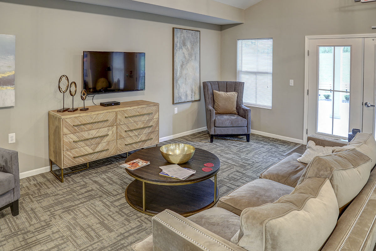 a living room with a couch and a television