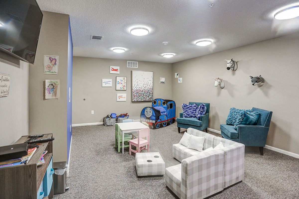 a living room with couches and chairs and a tv