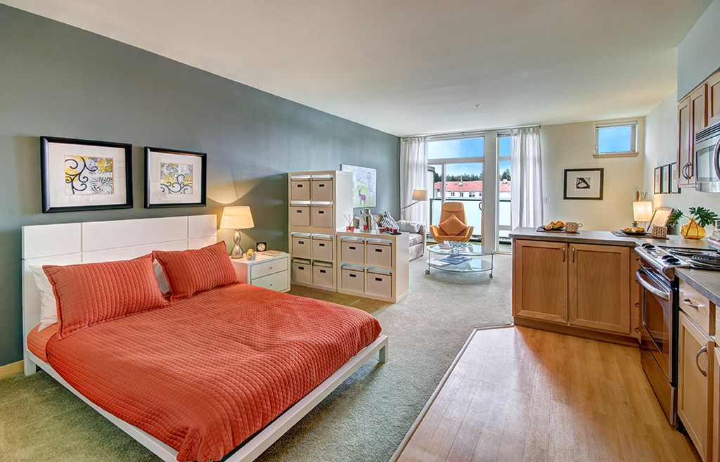 a bedroom with a bed and a kitchen with a sink