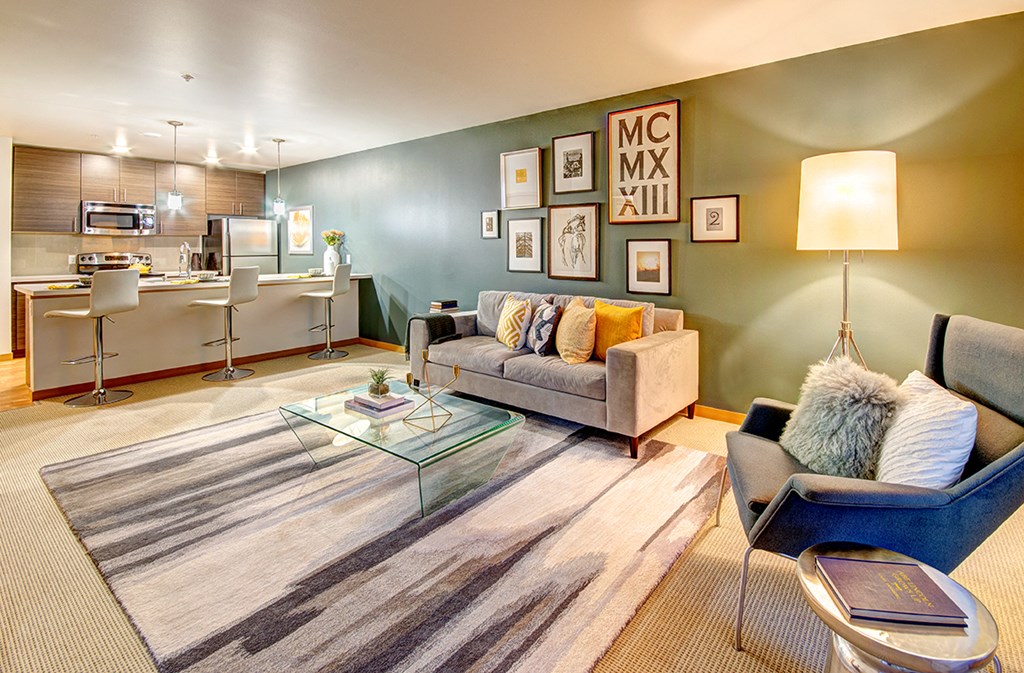 a living room with a couch and a table