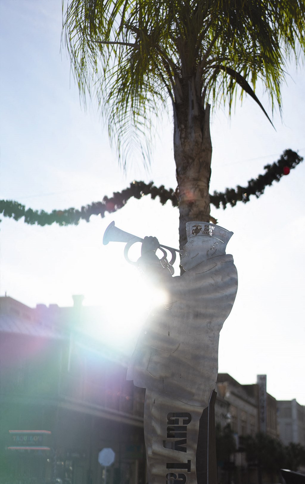 a palm tree with a person holding a gun