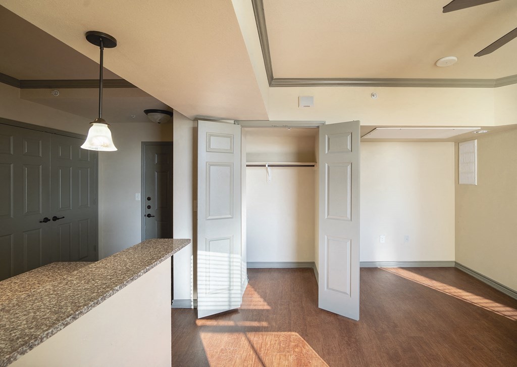 an empty living room with an open door to a closet