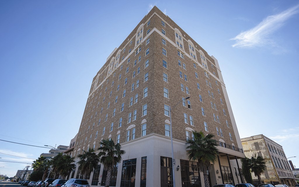 a tall brown and white building with palm trees
