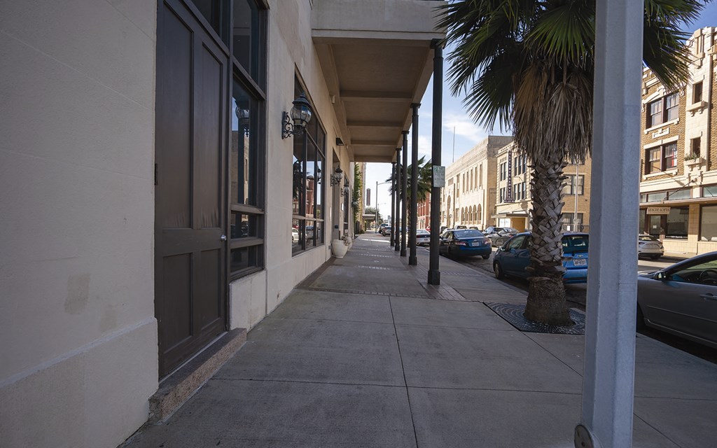 a sidewalk in front of a building with palm trees