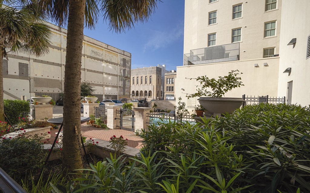 a courtyard with plants and buildings in the background