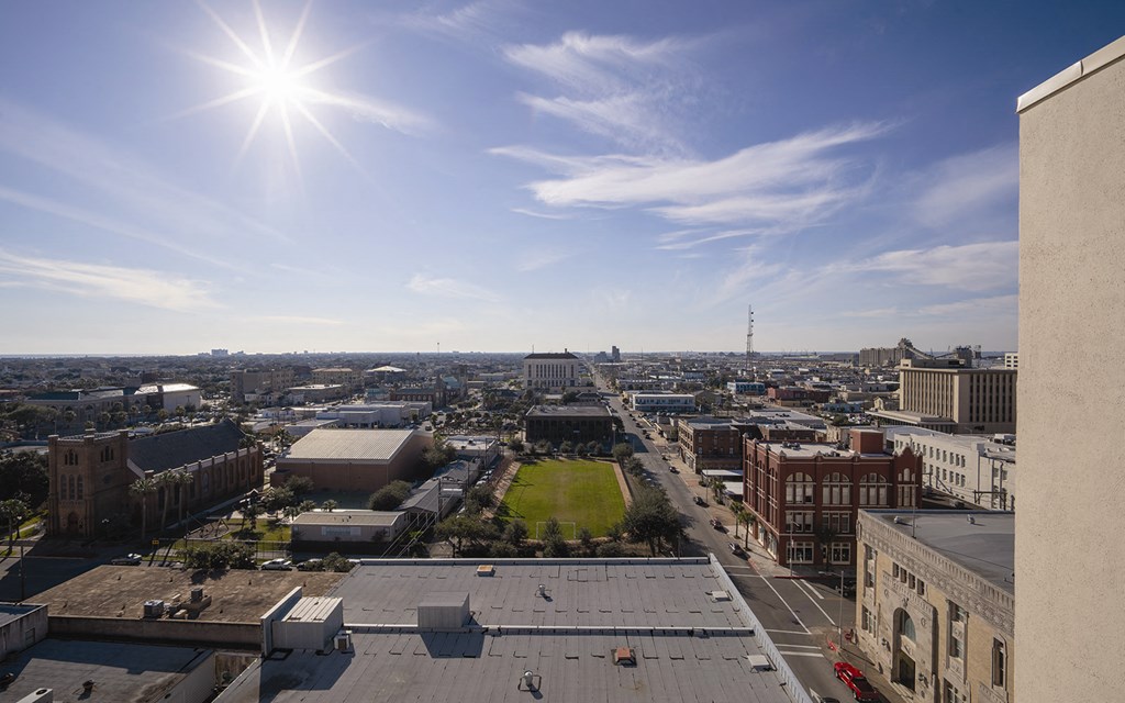 a view of the city from the roof of a building