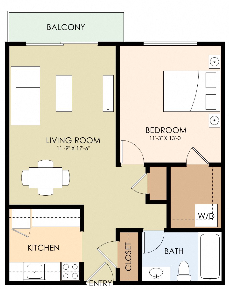 One Bedroom One Bath Floor Plan at Stone Creek, Redwood City, CA
