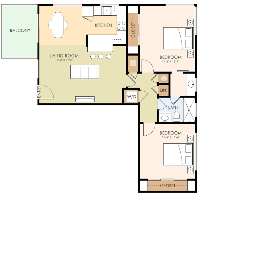 Two Bedroom One Bath Floor Plan 950 to 1,050 Sq.Ft. at Los Altos Court, Los Altos