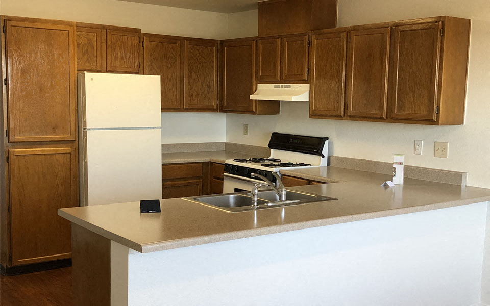 a kitchen with a stove and a sink and a refrigerator