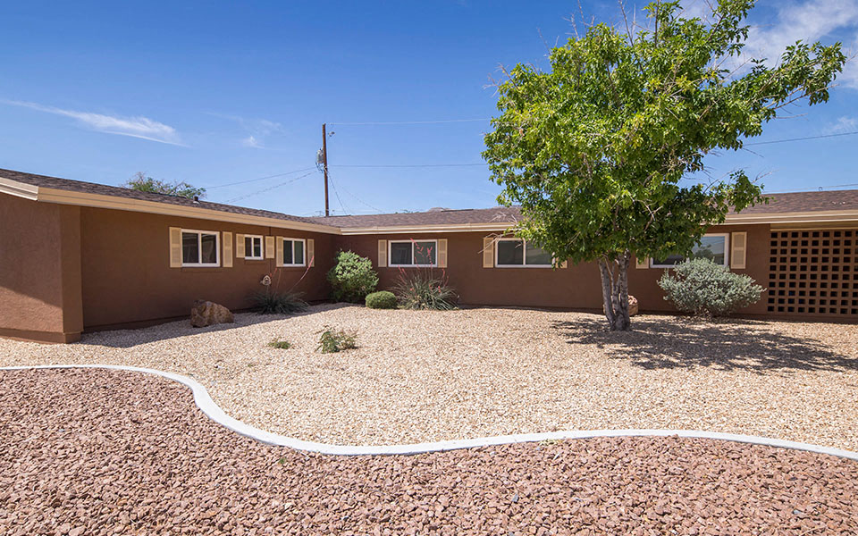 a yard in front of a house with a tree