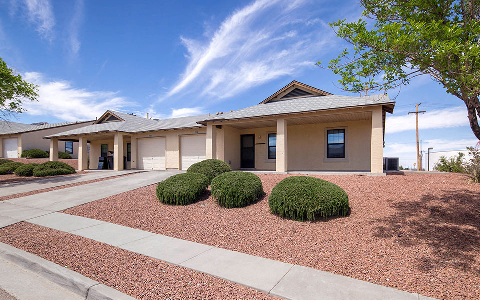 a house with three small shrubs in front of it