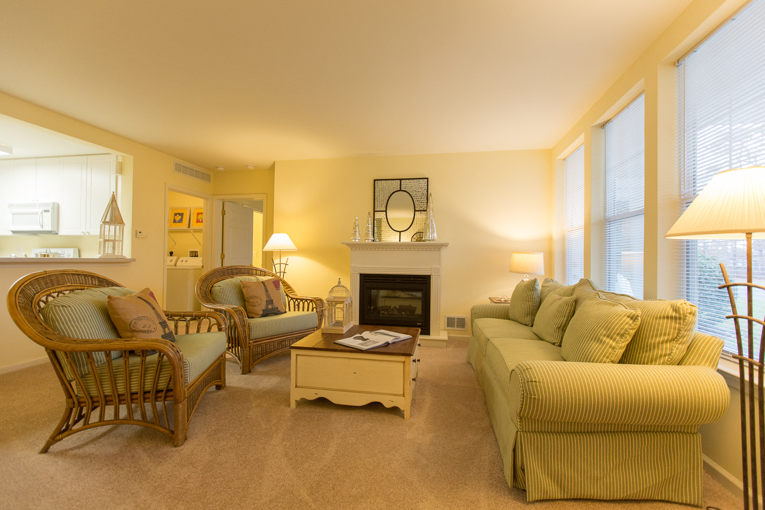 a living room with couches and chairs and a fireplace