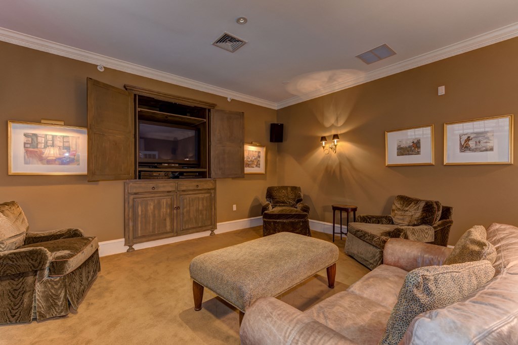 a living room with couches and chairs and a television