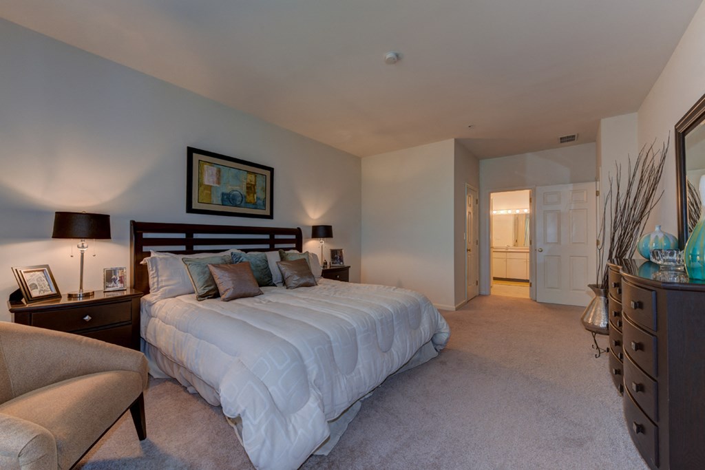 a bedroom with a bed and a dresser and a bathroom