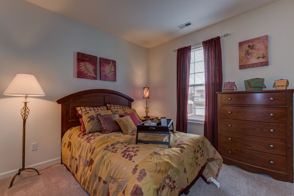 a bedroom with a bed and a dresser and a window