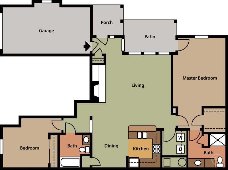 Two bedroom, two bath with attached one car garage Two Bedroom (B1)