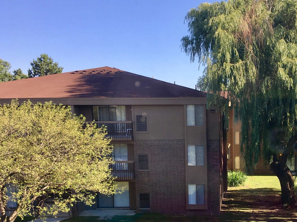 an apartment building with a tree in front of it