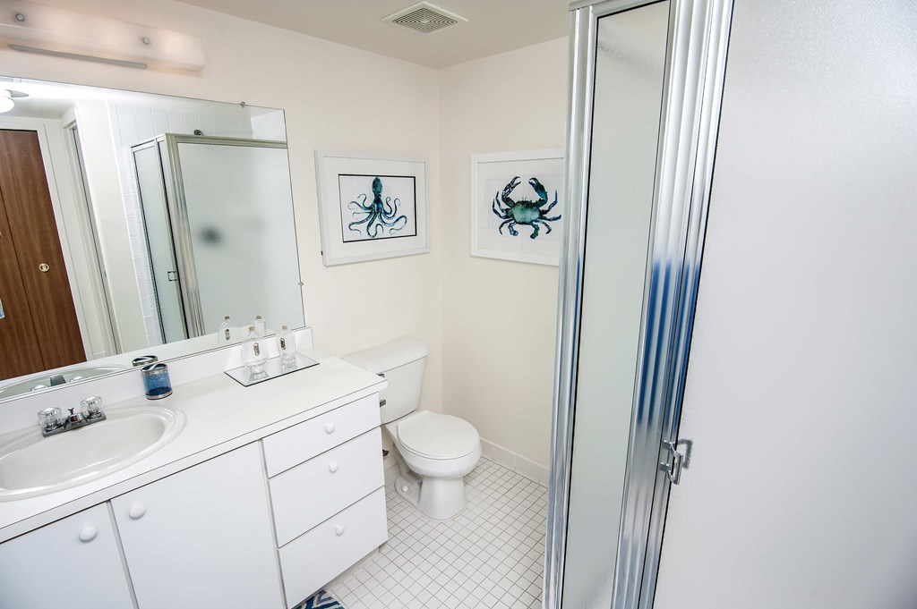 a bathroom with a shower and a sink and a toilet