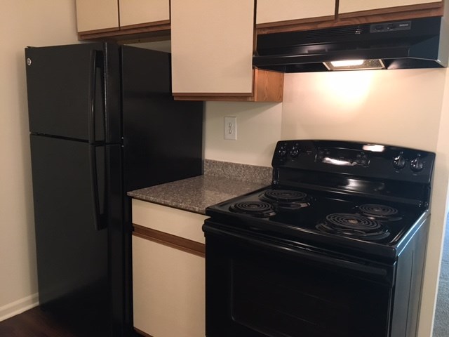 a kitchen with a black stove and a black refrigerator