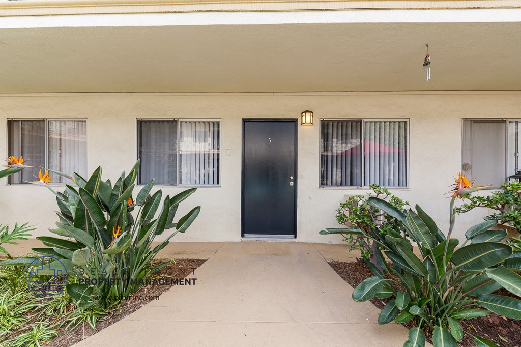 the front of a house with a black door and plants