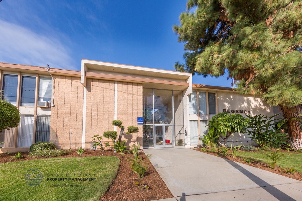 a building with a sidewalk and a tree in front of it