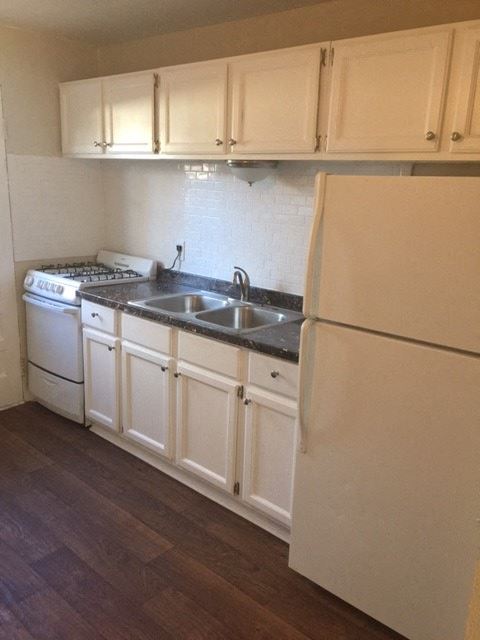 a kitchen with a stove and a sink and a refrigerator