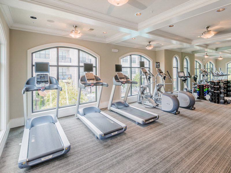 a gym with cardio equipment and large windows