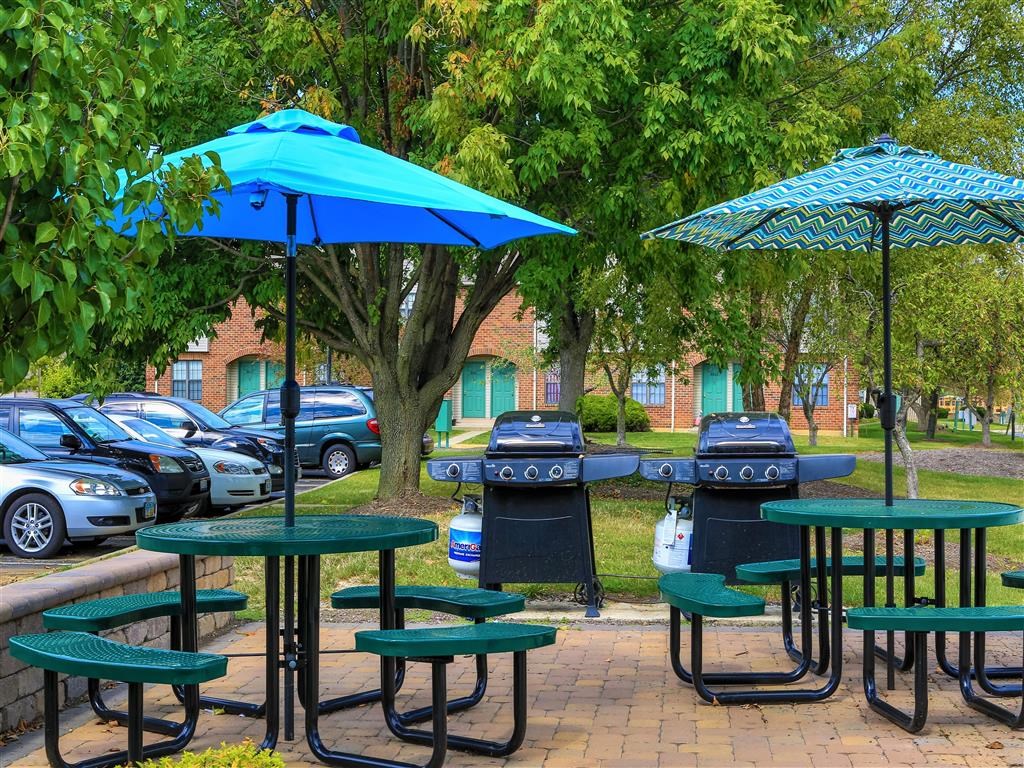 a group of tables with umbrellas and picnic tables