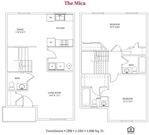 2 bedroom 2.5 bathroom Floor plan at Bayberry Cove, Bellbrook, 45305
